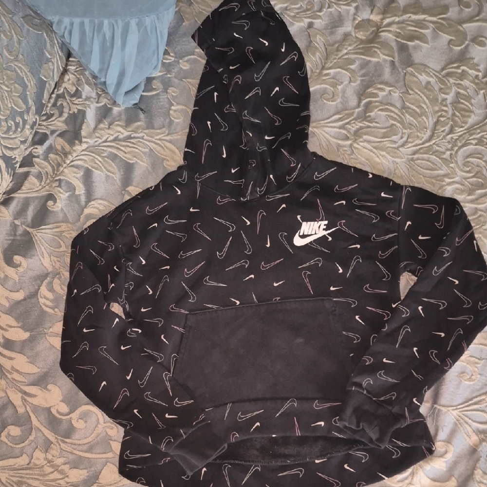 Nike Black Hoodie with White and Pink Swoosh Design. Unisex, Nearly New.